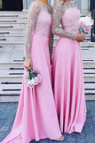 pink long sleeves off the shoulder satin bridesmaid dresses