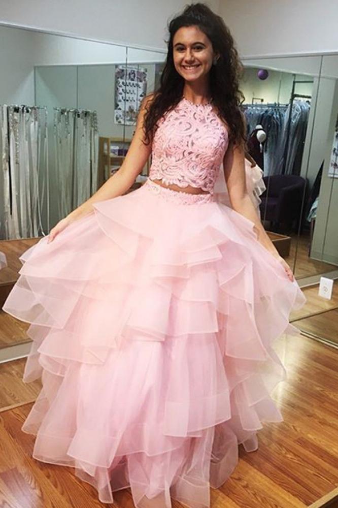 Pink Prom Dress High Neck Lace Bodice Ruffled Two Piece Ball Gown MP697