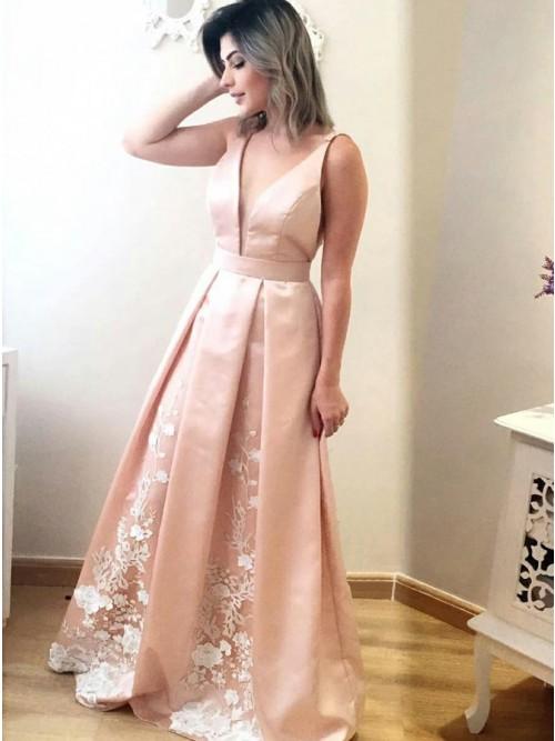 a line v neck pleated satin long prom dress with appliques