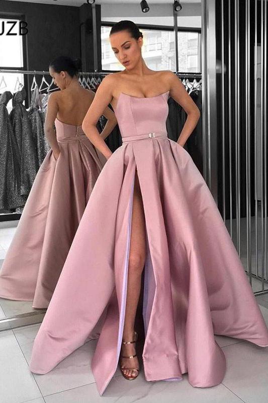 pink strapless prom dress a line long formal gown with high slit