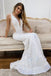plunge white sequined mermaid long prom dress slit evening gown