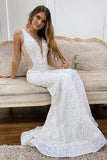 Plunge White Sequined Mermaid Long Prom Dress, Slit Evening Gown GP283
