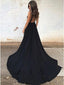 Elegant A-Line Plunging Neckline Backless Black Prom Dress with Pockets MP1114