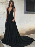 elegant a line plunging neckline backless black prom dress with pockets