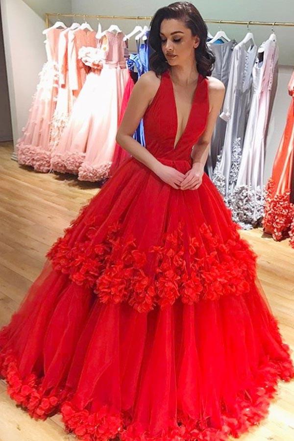 red ball gown plunging neckline handmade flowers prom dress