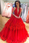 Red Ball Gown Plunging Neckline Handmade Flowers Prom Dress MP1174