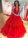 plunging neckline red ball gown tulle prom dresses with applique