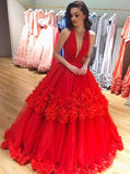 plunging neckline red ball gown tulle prom dresses with applique
