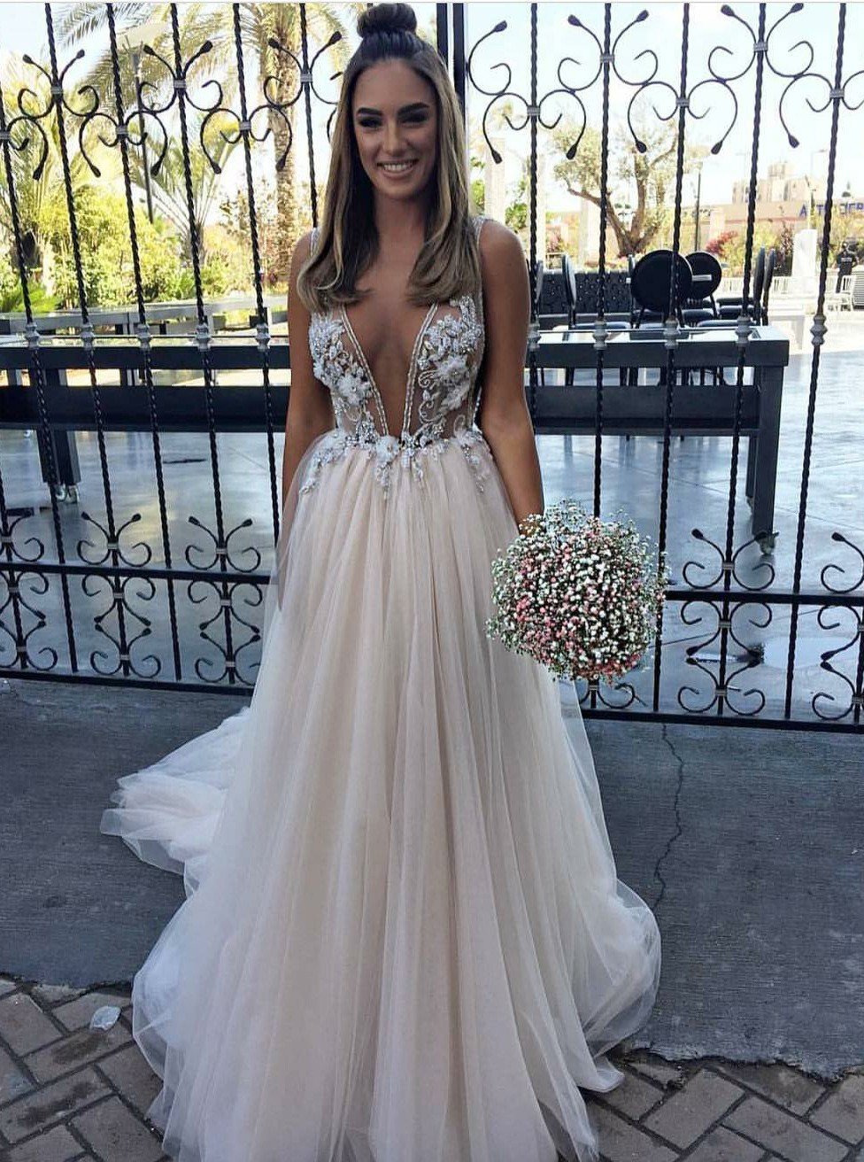 plunging neckline a line tulle wedding dress with appliques