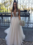 plunging neckline a line tulle wedding dress with appliques