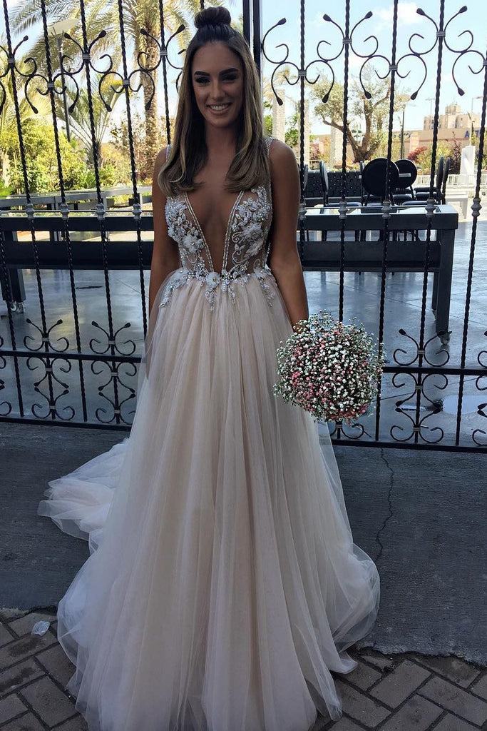 plunging neckline tulle wedding dress a line v neck with appliques