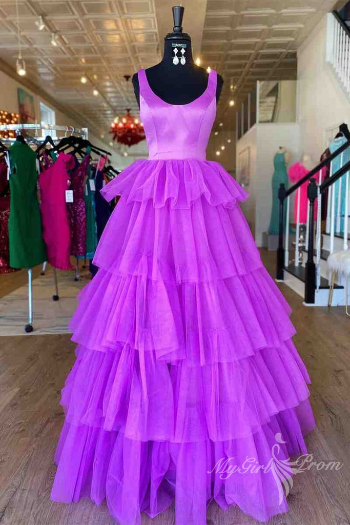 princess a line crew neck purple tiered tulle long prom formal dress