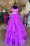Princess A-Line Crew Neck Purple Tiered Tulle Long Prom Formal Dress GP458