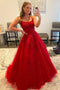 Princess A Line Long Red Tulle Prom Dresses with Appliques, Long Formal Gown GP418