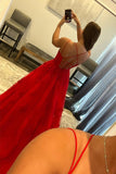 Princess A Line Long Red Tulle Prom Dresses with Appliques, Long Formal Gown GP418