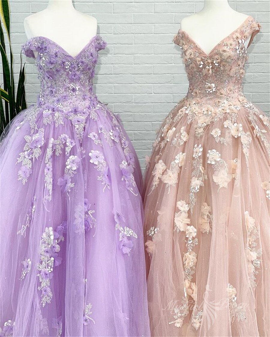 Ball Gown Tulle Long Prom Dresses with Appliques, Sweet 16 Quinceanera Dress GP501