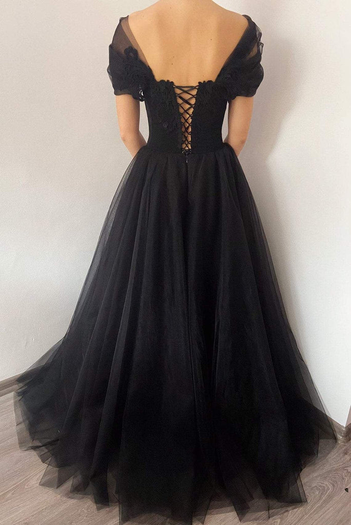 princess black gothic coret tulle prom dress elegant black formal gown