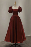 princess burgundy ankle length prom dresses puff sleeves party gown
