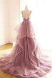 princess dark pink tulle long prom dress with lace ruffle a line formal dress