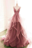 princess dark pink tulle long prom dress with lace ruffle a line formal dress