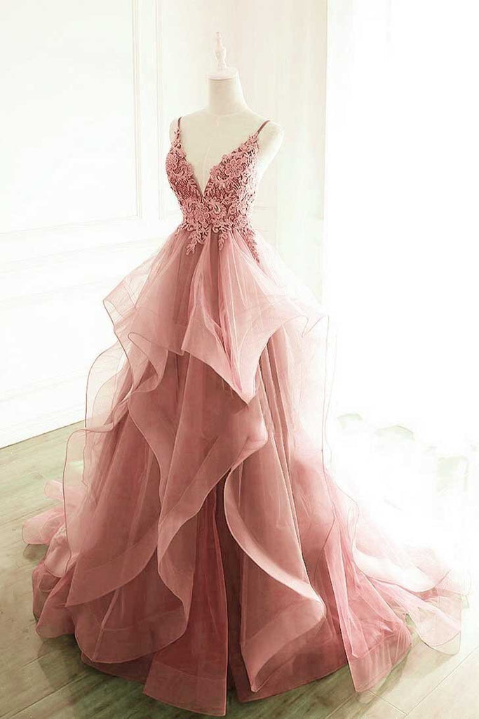 princess dark pink tulle long prom dress with lace ruffle a line formal dress