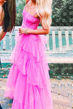Princess Hot Pink Long Prom Dress Layered Tulle Sleeveless Corset Gown, GP190