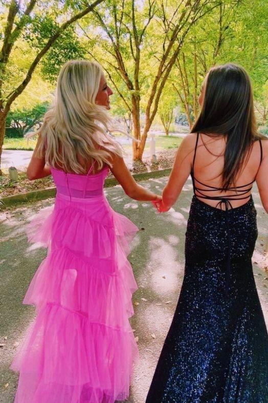 princess hot pink long prom dress layered tulle sleeveless corset gown