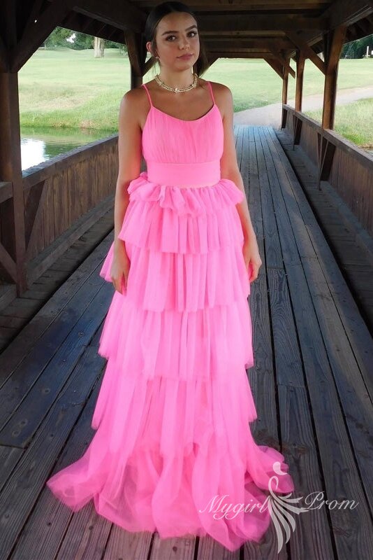 princess layered pink long prom dresses tulle sleeveless pink graduation dress