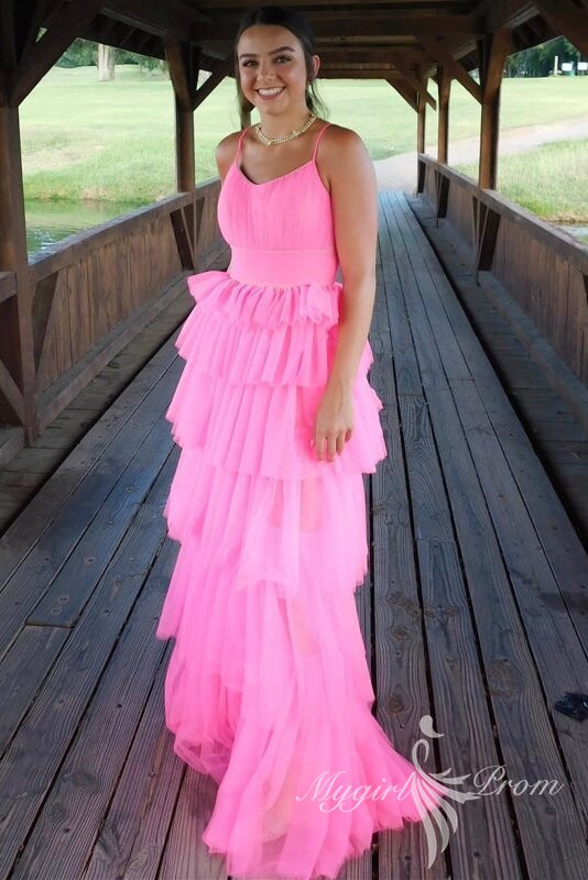 Princess Layered Pink Long Prom Dresses, Tulle Sleeveless Pink Graduation Dress GP431