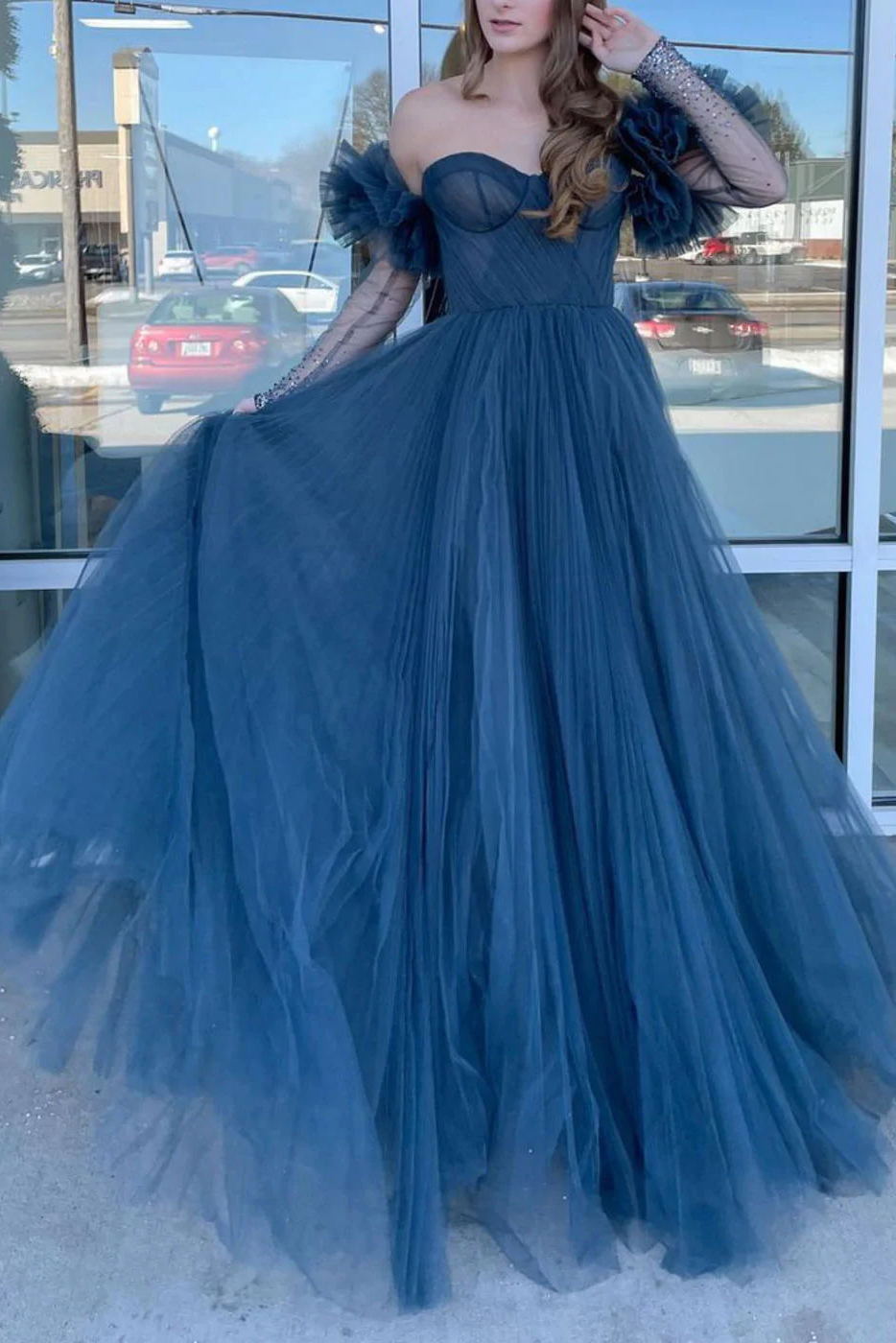 Princess Navy Blue Tulle Off-the-Shoulder Long Prom Dress, Beautiful Formal Gown GP379