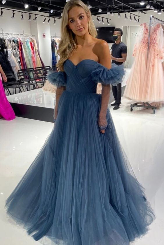 princess navy blue tulle off the shoulder long prom dress beautiful formal gown