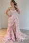 Princess Pink Lace Layered Long Prom Dresses, Lace Slit Formal Evening Dresses GP467