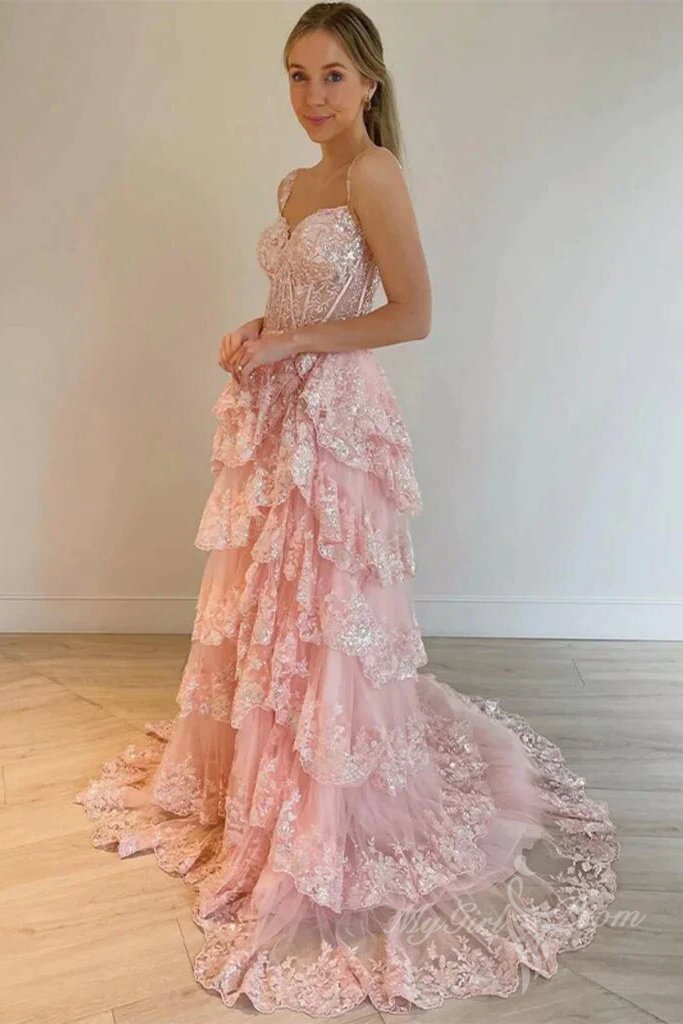 princess pink lace layered long prom dresses lace slit formal evening dresses
