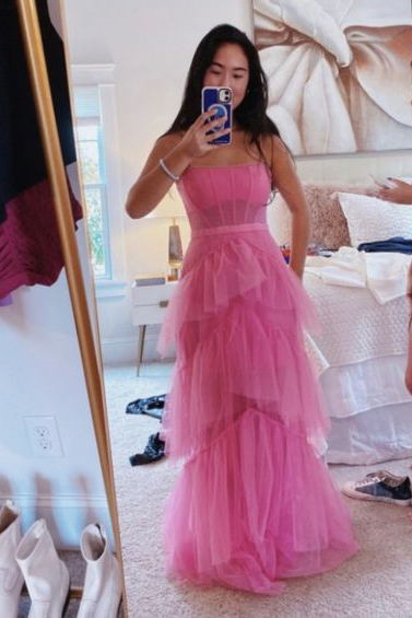 Princess Hot Pink Long Prom Dress Layered Tulle Sleeveless Corset Gown –  Plano Bridal