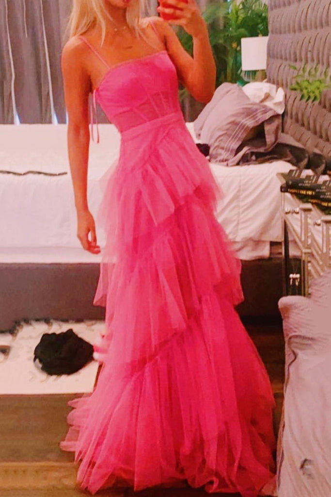 princess hot pink long prom dress layered tulle sleeveless corset gown