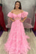 princess pink sheer tulle long prom dress with ruffles off shoulder puff sleeves formal gown