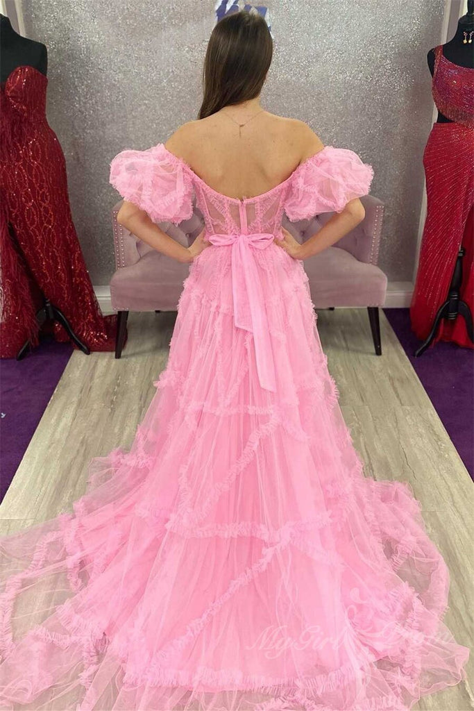 princess pink sheer tulle long prom dress with ruffles off shoulder puff sleeves formal gown