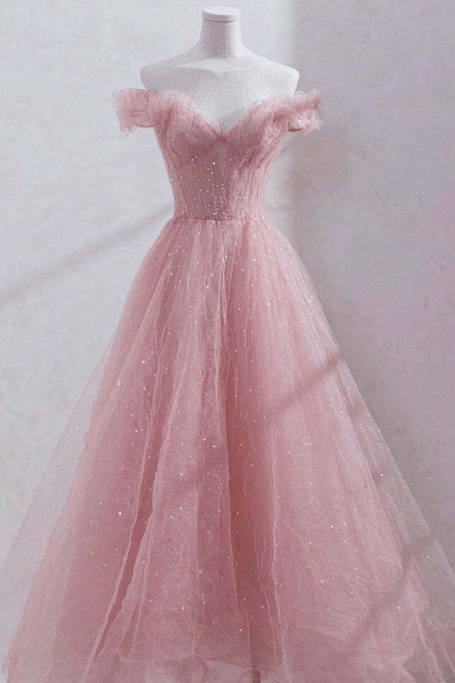 Princess Pink Tulle Tea Length Prom Dress, Pink Off shoulder Sweet 16 Dress GP288