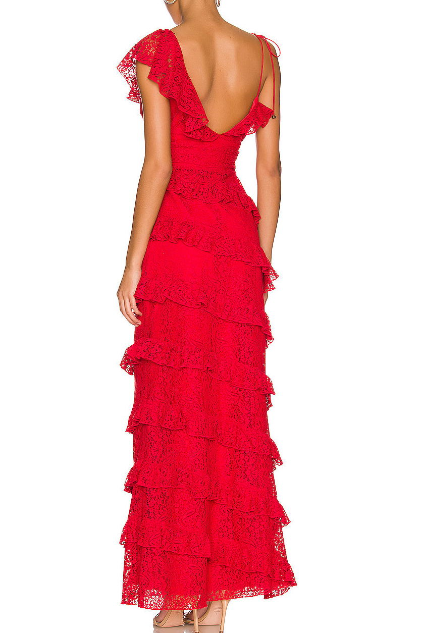 Princess Red Lace Tiered Long Prom Dresses Sleeveless Graduation Gown GP363