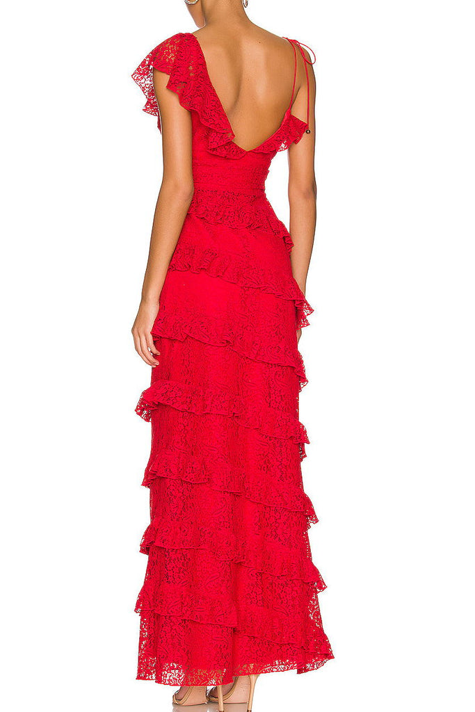 princess red lace tiered long prom dresses sleeveless graduation gown