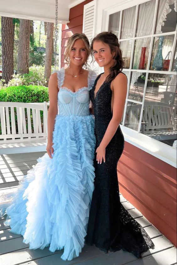 princess ruffle straps light sky blue tulle tiered long prom dresses