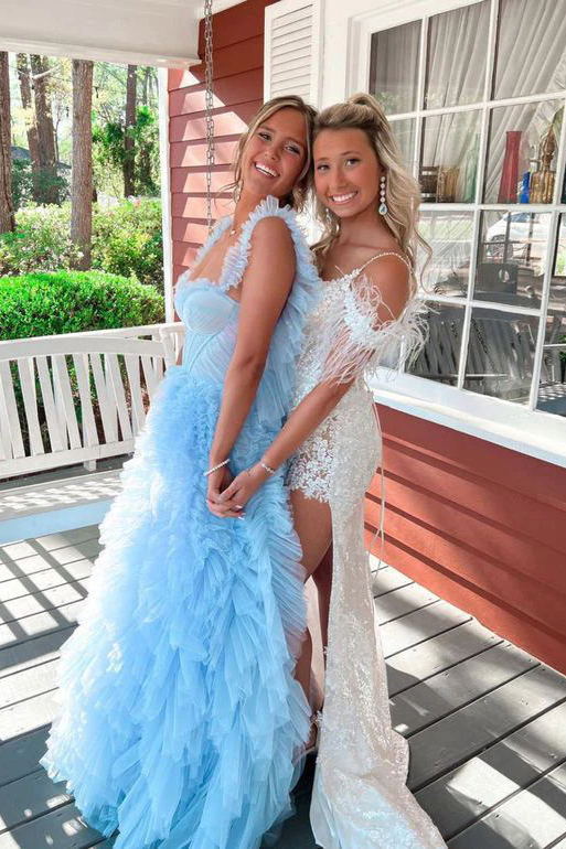 Princess Ruffle Straps Light Sky Blue Tulle Tiered Long Prom Dresses GP351