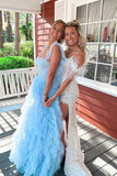 princess ruffle straps light sky blue tulle tiered long prom dresses