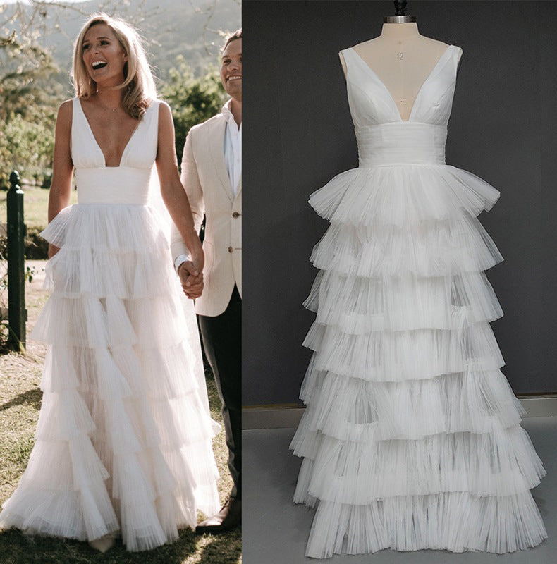Princess Tiered Sleeveless Long Wedding Dresses, Deep V Neck Bridal Dress PW511