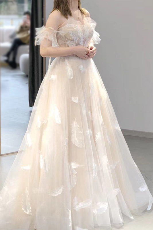 princess tulle feather lace up back wedding dresses pretty a line bridal gown