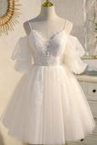 Princess Tulle Lace Short Prom Dress Puffy Sleeves Homecoming Dress GM556