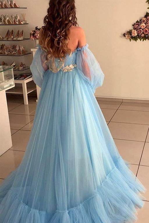 princess tulle off the shoulder long sleeve prom wedding dresses with appliques