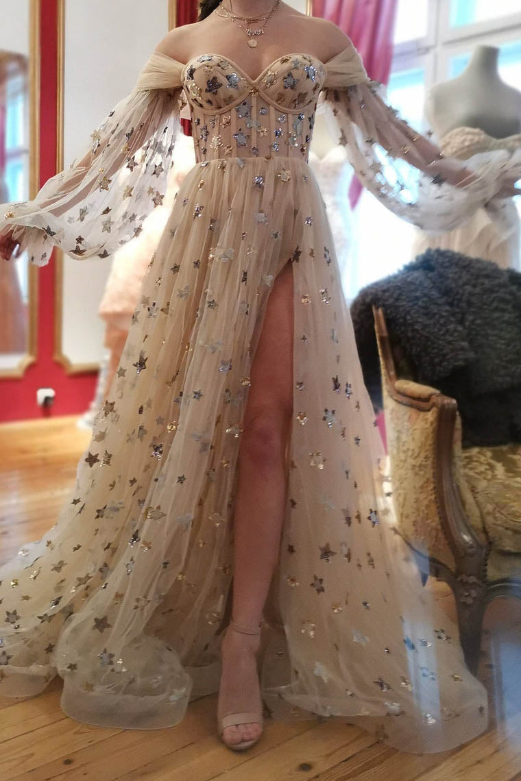 Princess Tulle Starry Prom Dress,Bubble Sleeves Stars Boho Wedding Dress PW464