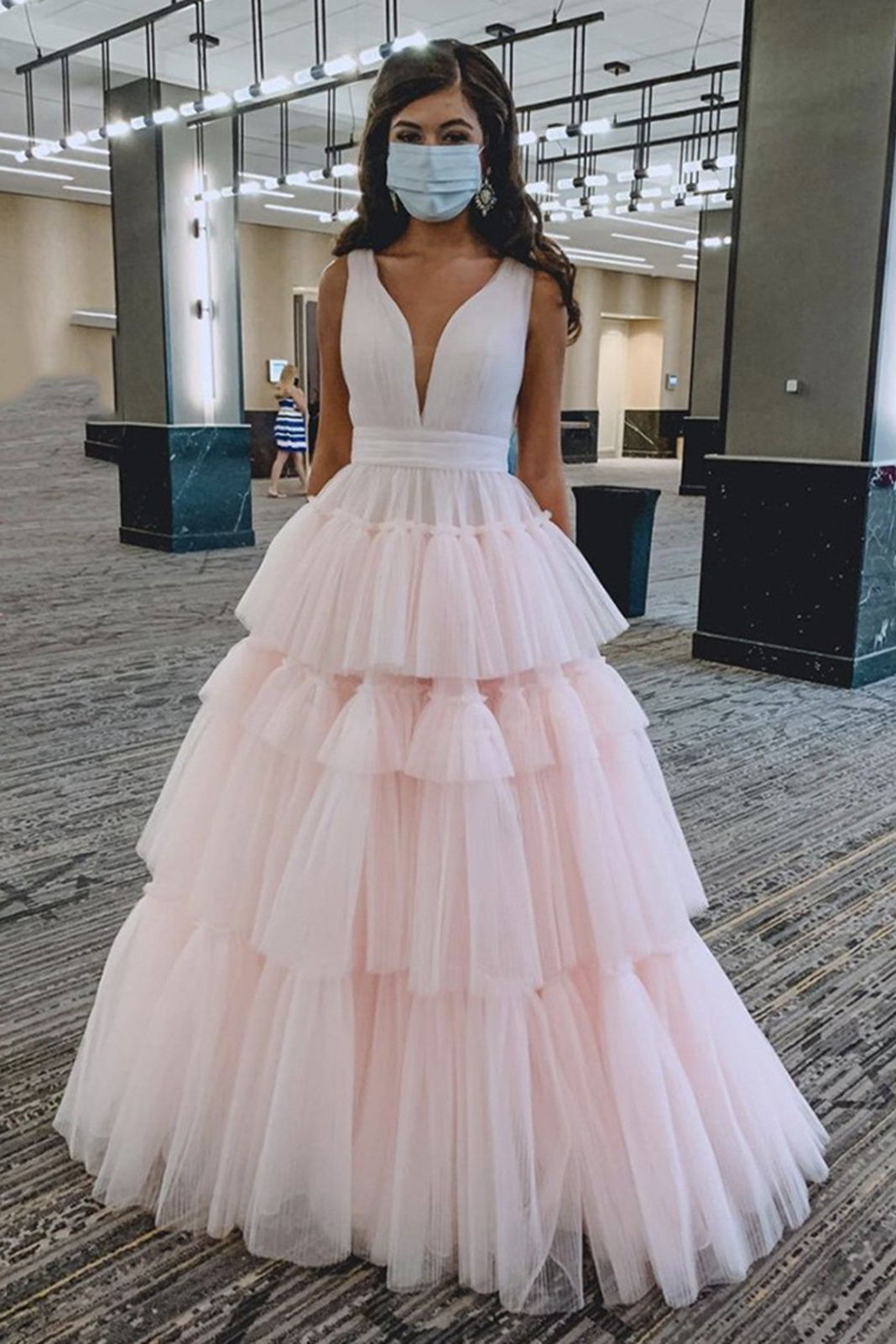 Princess Tulle Tiered Pink Long Prom Dresses, Pink Sweet 16 Dress GP279