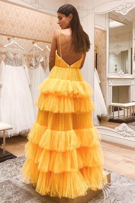 Princess V Neck Tulle Layered Long Prom Dress, Layered Yellow Formal Evening GP428